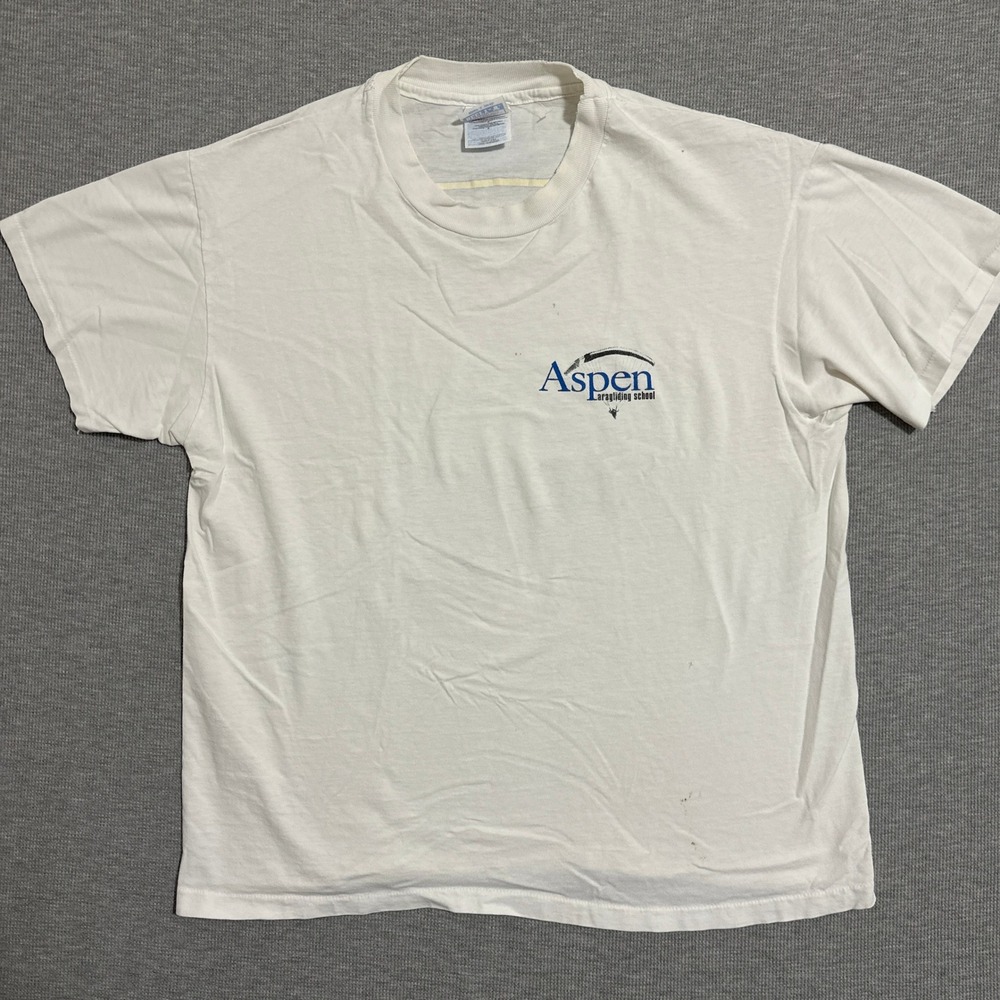 Vintage 90s Hanes Beefy-T Aspen Paragliding School Shirt White Large Made in USA
